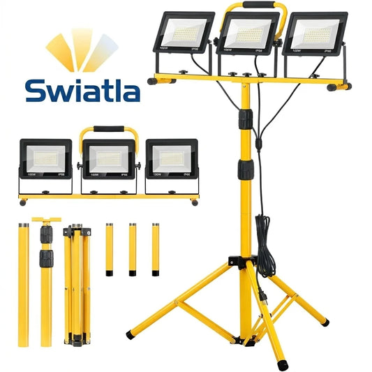 Projecteur de Travail LED 300W — 30 000 lm, Trépied Réglable 120-173cm, IP66, Câble 5m, 3 Têtes Orientables 360°