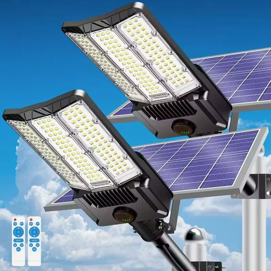 Lot de 2 Lampes Solaires 8 000 lm — 59W LED, Détection de Mouvement, IP65, Batterie 26 000 mAh, Télécommande