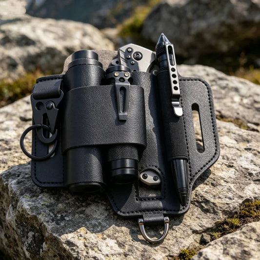 Pochette de rangement pour outils de survie en plein air, cuir noir