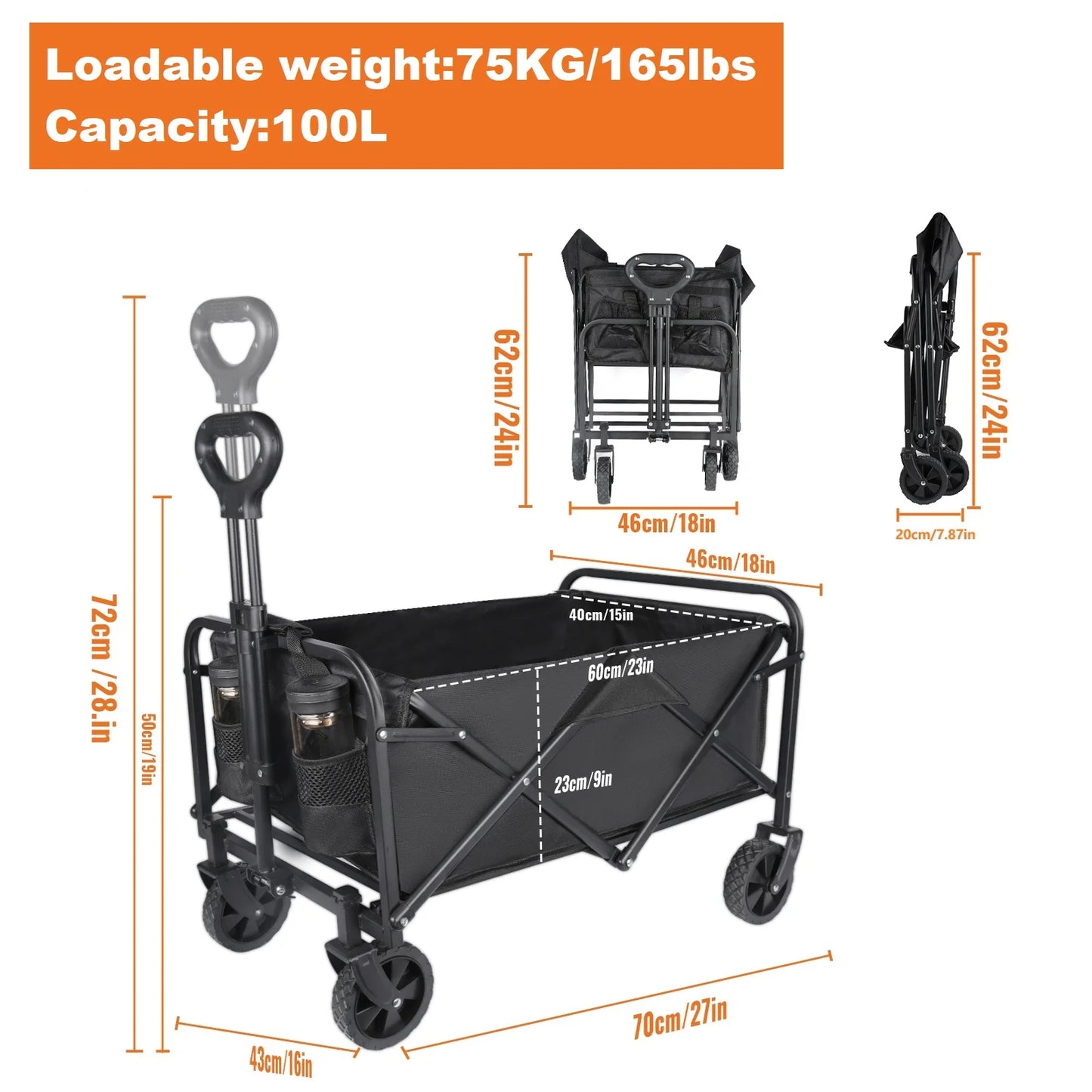 Chariot de camping pliable 100L grande capacité