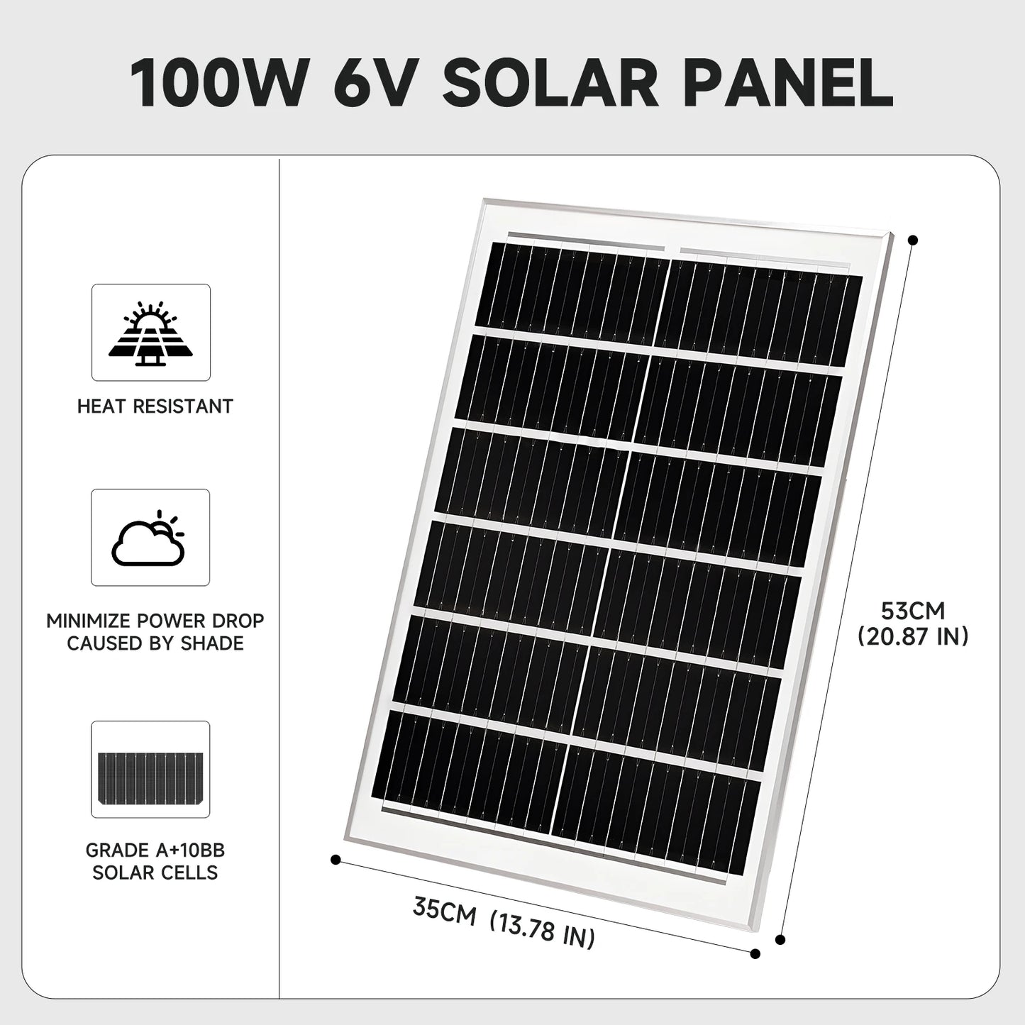 Panneau Solaire 50/100W 6V Éclairage Public — Charge Rapide, IP65, 53×35cm, Haute Efficacité