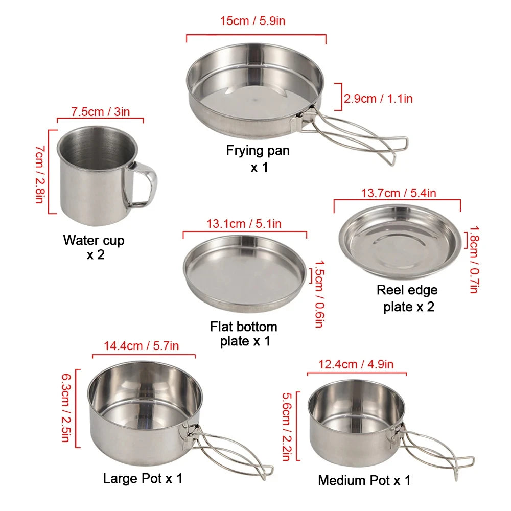 Ensemble de 8 ustensiles de cuisine de camping en acier inoxydable
