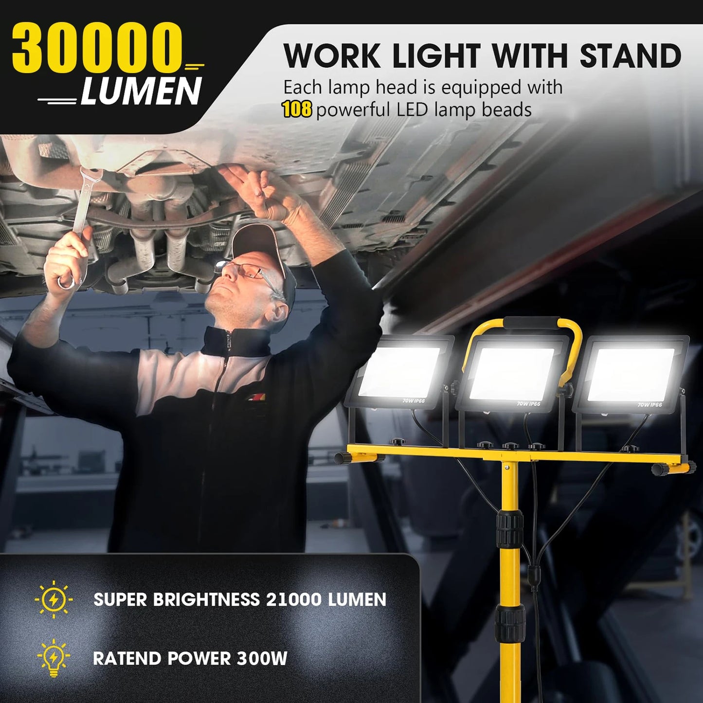 Projecteur de Travail LED 300W — 30 000 lm, Trépied Réglable 120-173cm, IP66, Câble 5m, 3 Têtes Orientables 360°