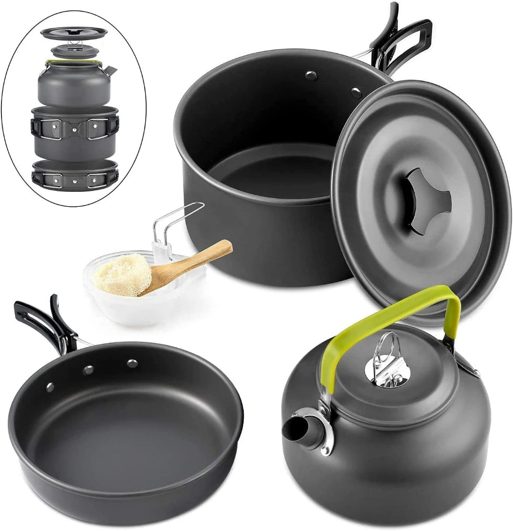 Ensemble de vaisselle de camping en plein air, pot antiadhésif en aluminium, vaisselle d'extérieur portable, vaisselle de visionneuse, pot de cuisson, bol, randonnée, barbecue, pique-nique