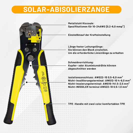 CP-SETUNO Kit d'Outils de Sertissage Solaire pour Câble Solaire de 2,5/4/6 mm², 1 Pince à Sertir, 1 Outil de Dénudage, 2 Clés pour PhotovoltaïQue
