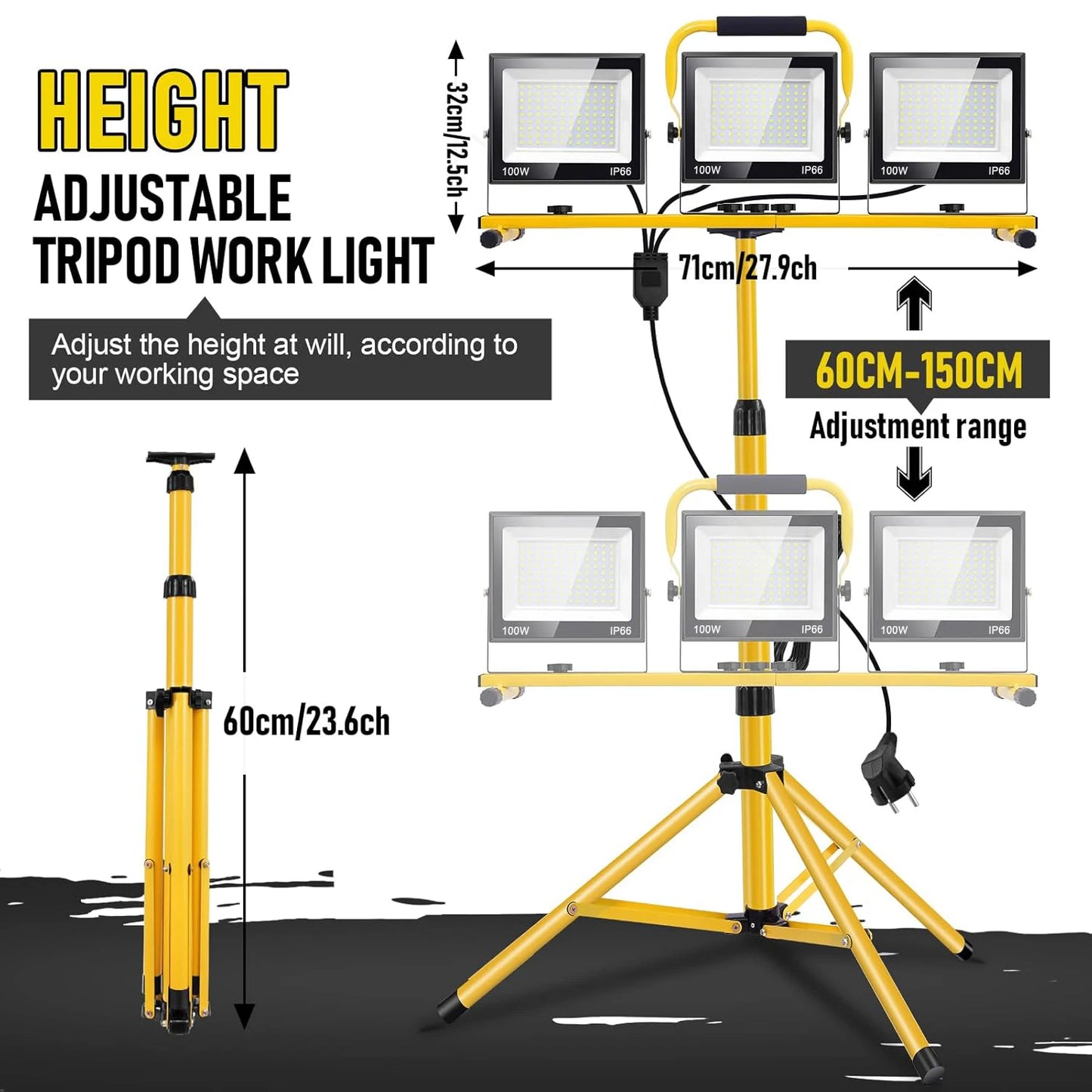 Projecteur de Travail LED 300W — 30 000 lm, Trépied Réglable 120-173cm, IP66, Câble 5m, 3 Têtes Orientables 360°