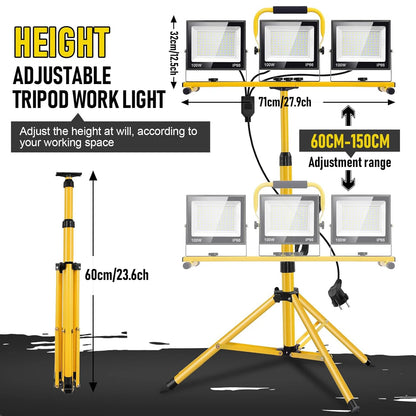 Projecteur de Travail LED 300W — 30 000 lm, Trépied Réglable 120-173cm, IP66, Câble 5m, 3 Têtes Orientables 360°