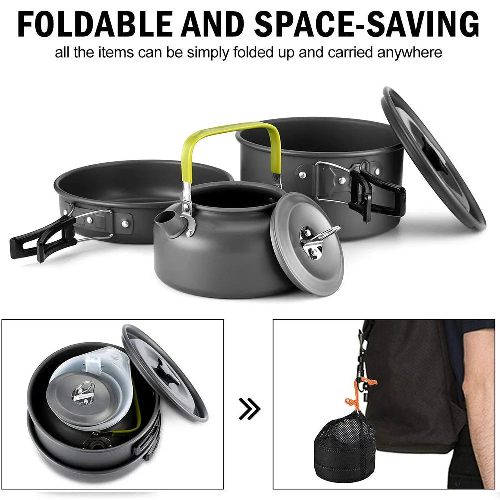 Ensemble de vaisselle de camping en plein air, pot antiadhésif en aluminium, vaisselle d'extérieur portable, vaisselle de visionneuse, pot de cuisson, bol, randonnée, barbecue, pique-nique