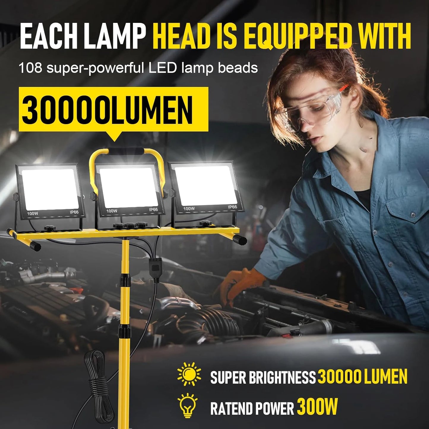 Projecteur de Travail LED 300W — 30 000 lm, Trépied Réglable 120-173cm, IP66, Câble 5m, 3 Têtes Orientables 360°