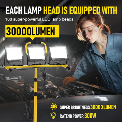 Projecteur de Travail LED 300W — 30 000 lm, Trépied Réglable 120-173cm, IP66, Câble 5m, 3 Têtes Orientables 360°