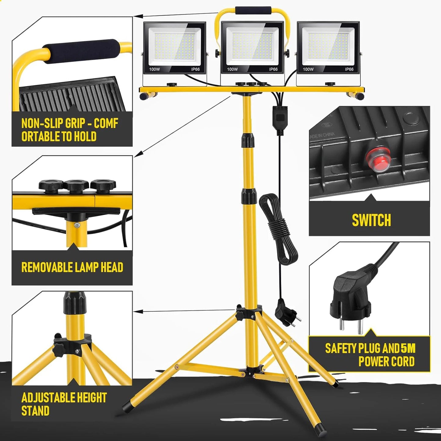 Projecteur de Travail LED 300W — 30 000 lm, Trépied Réglable 120-173cm, IP66, Câble 5m, 3 Têtes Orientables 360°