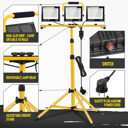 Projecteur de Travail LED 300W — 30 000 lm, Trépied Réglable 120-173cm, IP66, Câble 5m, 3 Têtes Orientables 360°