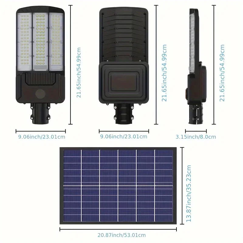 Réverbère Solaire 8000lm — ~59W LED, Détection de Mouvement, IP65, Batterie 36 000 mAh, Télécommande