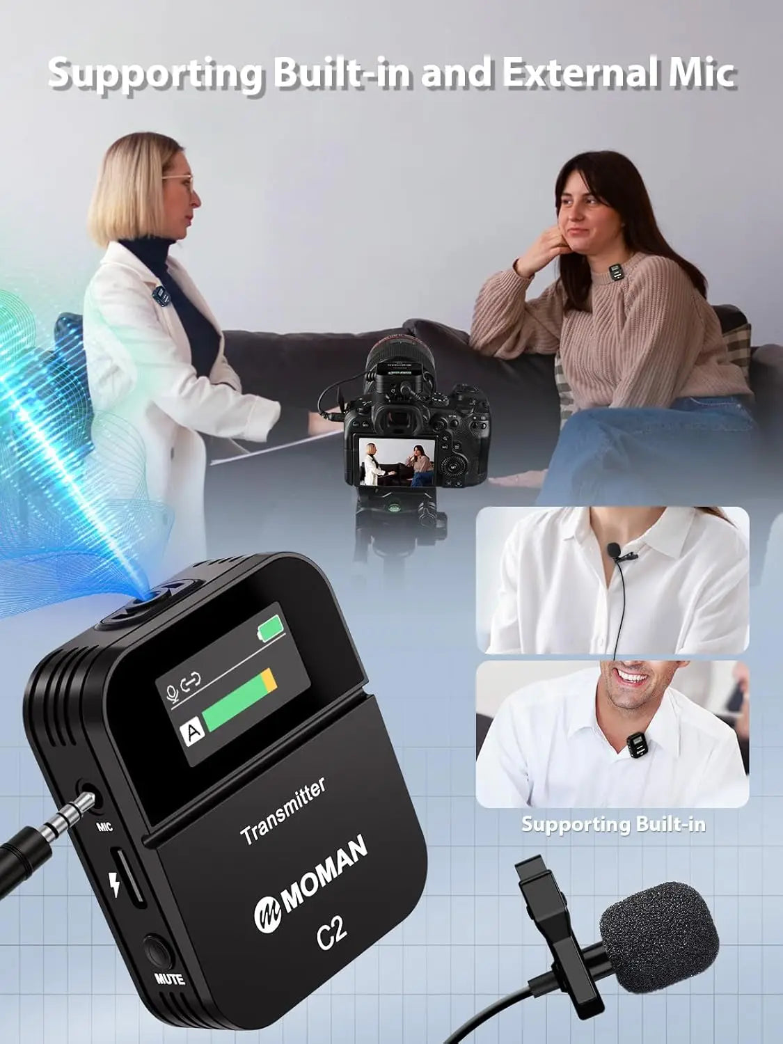 Microphone à clipser sans fil C2 2,4 G avec portée de 70 m