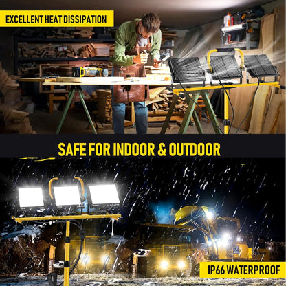 Projecteur de Travail LED 300W — 30 000 lm, Trépied Réglable 120-173cm, IP66, Câble 5m, 3 Têtes Orientables 360°