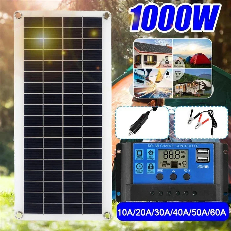 Panneau solaire 1000W 12V, cellule solaire avec contrôleur 60A 100A