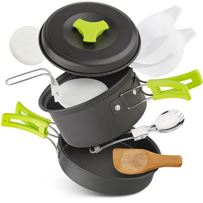 Camping Cookware Mess Kit, Backpacking Cooking Set: Portable Durable Outdoor Cooking Utensils with Tableware and Handy Carry Bag