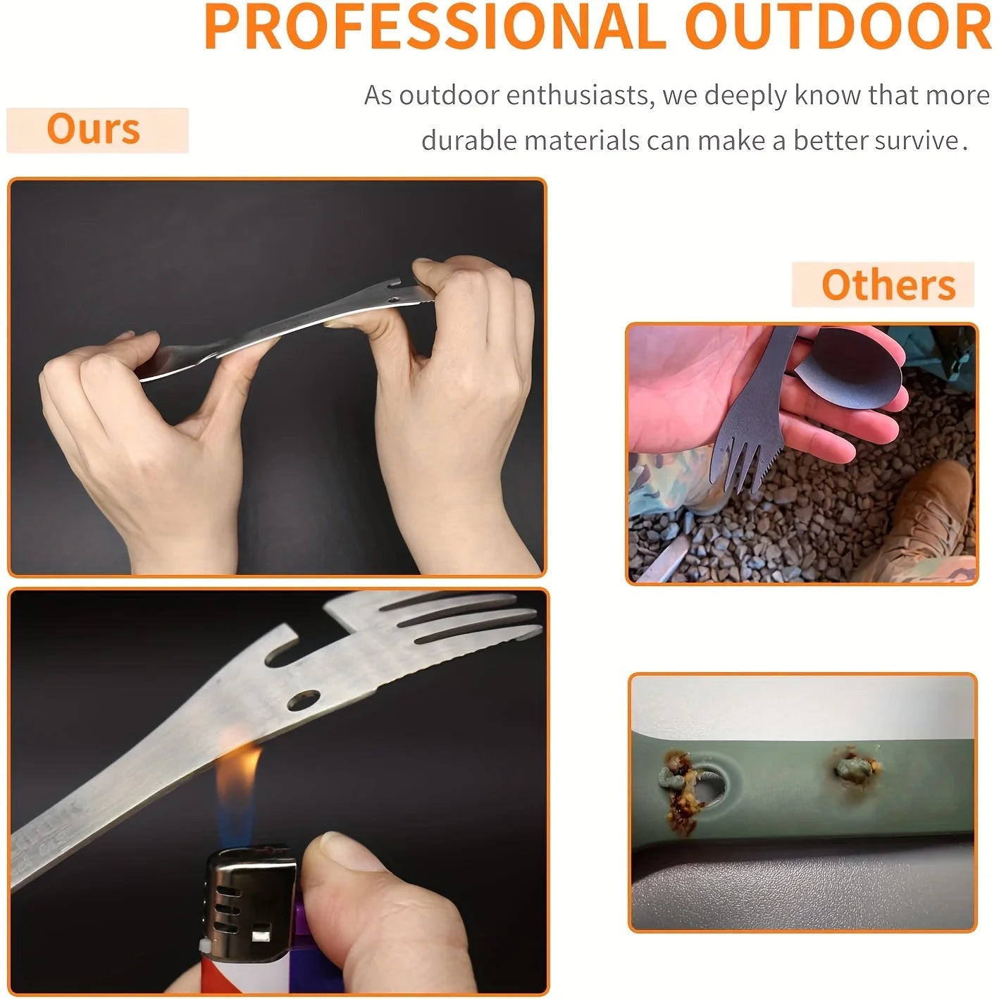Outils de survie fourchette couteau cuillère bouteille/ouvre-boîte