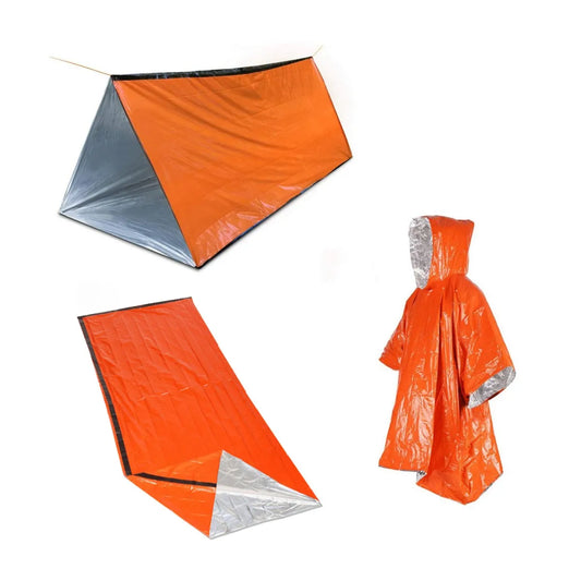 Ensemble d'urgence extérieur 3 pièces comprenant tente, imperméable, sac de couchage