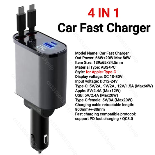 Chargeur de voiture rétractable 4 en 1, câble USB Type C