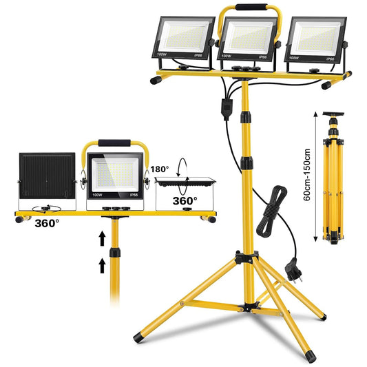 Projecteur de Travail LED 300W — 30 000 lm, Trépied Réglable 120-173cm, IP66, Câble 5m, 3 Têtes Orientables 360°