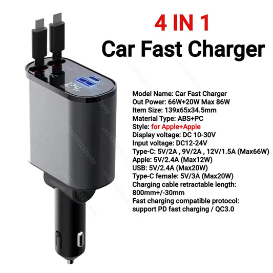 Chargeur de voiture rétractable 4 en 1, câble USB Type C