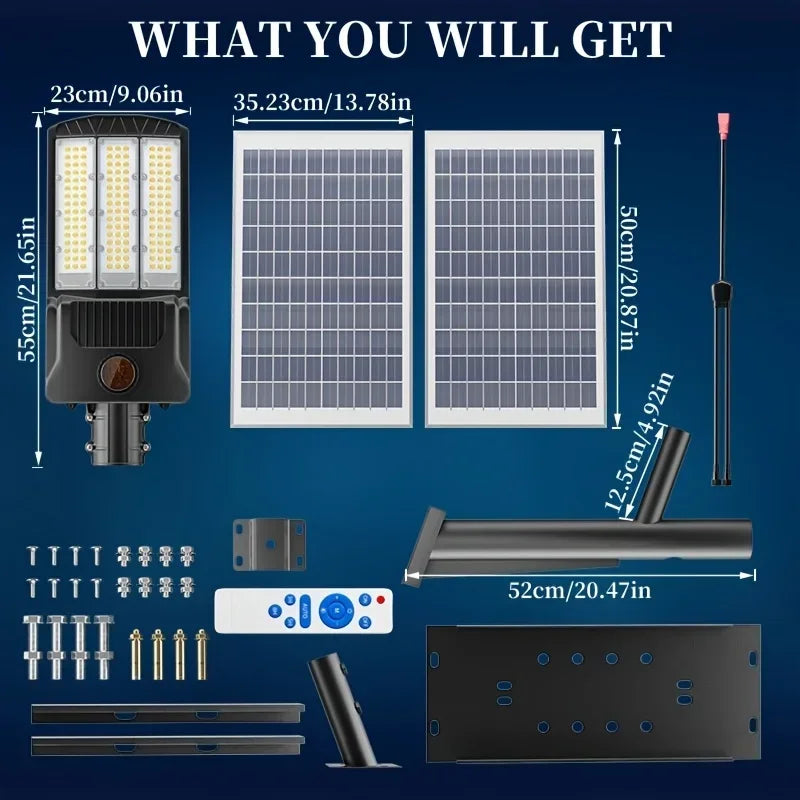 Réverbère Solaire 8000lm — ~59W LED, Détection de Mouvement, IP65, Batterie 36 000 mAh, Télécommande