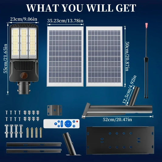 Réverbère Solaire 8000lm — ~59W LED, Détection de Mouvement, IP65, Batterie 36 000 mAh, Télécommande