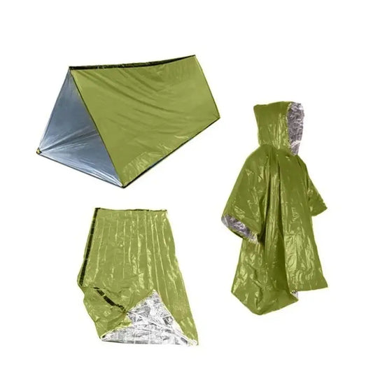 Ensemble d'urgence extérieur 3 pièces comprenant tente, imperméable, sac de couchage