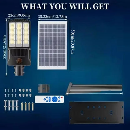 Réverbère Solaire 8000lm — ~59W LED, Détection de Mouvement, IP65, Batterie 36 000 mAh, Télécommande