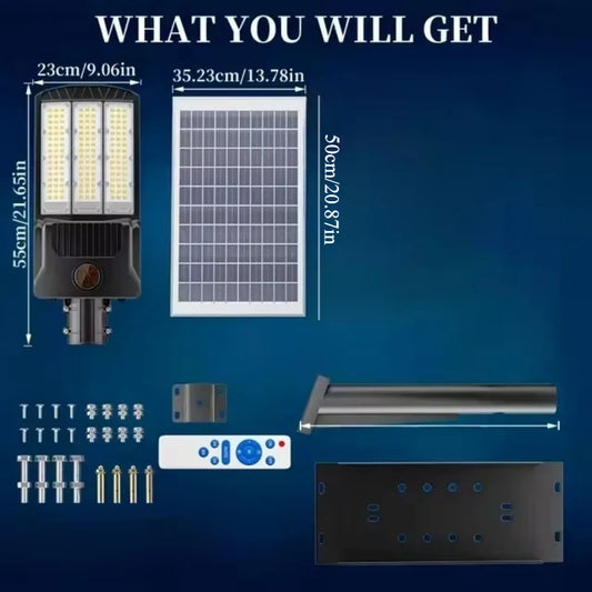 Réverbère Solaire 8000lm — ~59W LED, Détection de Mouvement, IP65, Batterie 36 000 mAh, Télécommande
